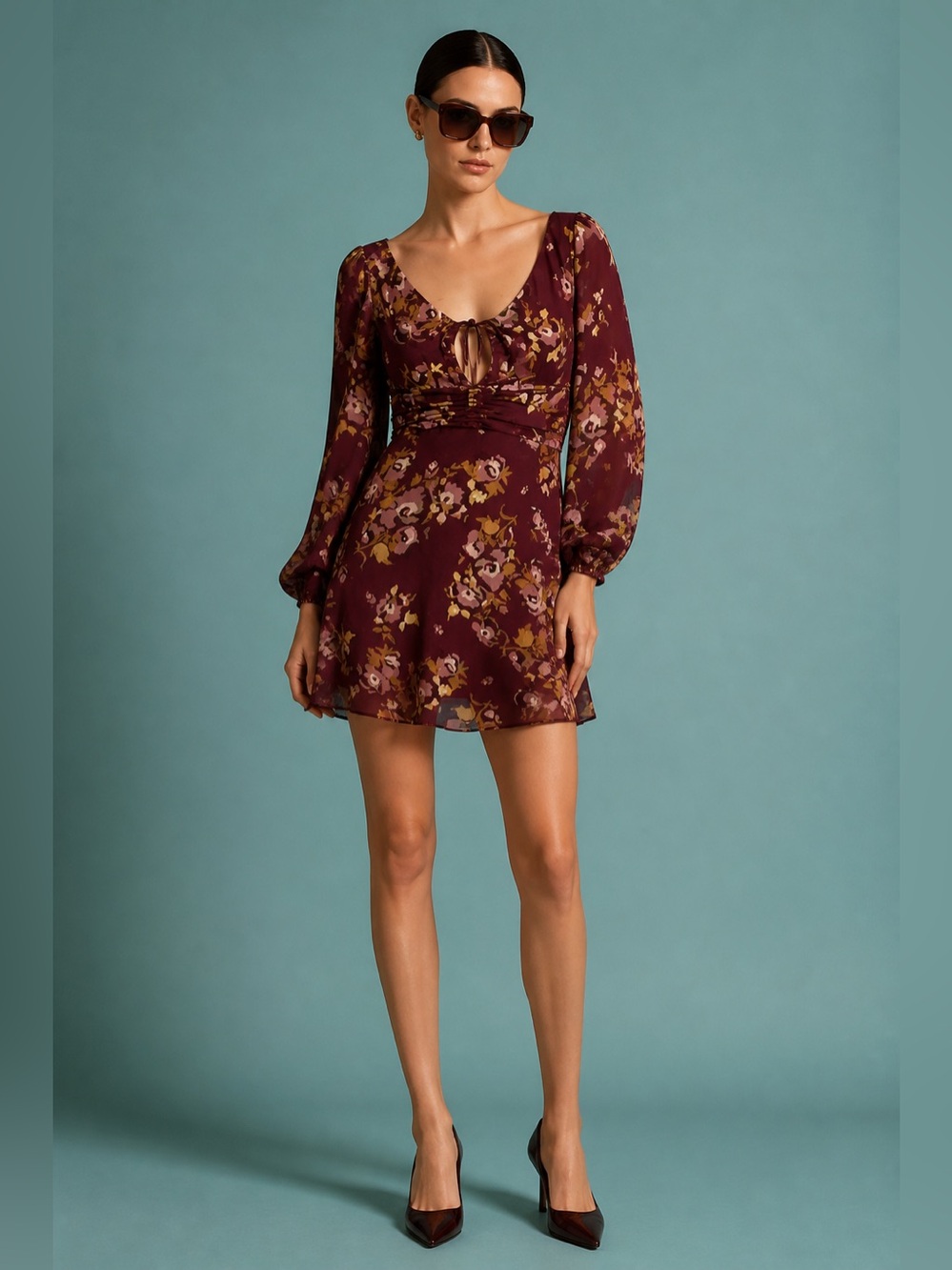 Free People Morning Light Ruffle V-Neck Floral Mini Dress Purple Size 2